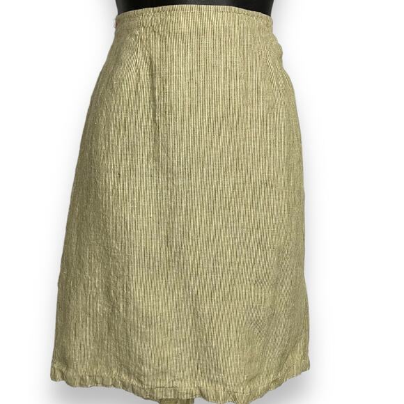 Coldwater Creek Linen Knee Length Skirt Women's S Green Tan Academia Striped Y2K - Picture 1 of 11